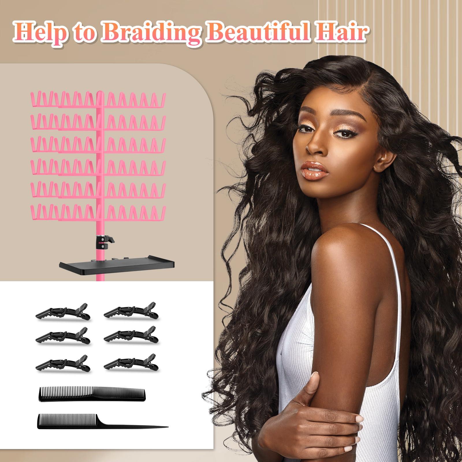 OLMRJKD OLMRJKD Braiding Hair Rack with Tray, 144 Pegs Height Adjustable Braiding Rack, 2-side Hair Extension Holder Hanger, Hair Stand with Stylist Hair Braiding Tools for Hair Salon Home Traveling (Pink)