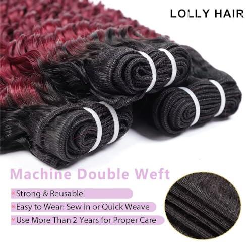 LOLLY HAIR Burgundy Bundles Human Hair 18 Inch T1B/99J Deep Wave Ombre Human Hair Bundles 10A Brazilian Virgin Wet And Wavy Curly Bundles Human Hair Red Water Wave Bundles 2 tone Black to 99J Burgundy