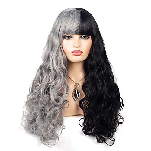 Baruisi Baruisi Half Black Grey Wig With Bangs Long Curly Wavy Synthetic Heat Resistant Costume Cosplay Wigs for Women