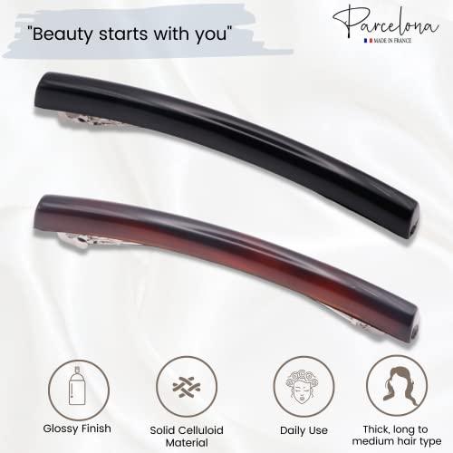 Parcelona Parcelona French Long Narrow Large Celluloid Set of 2 Acetate No Slip Automatic Hair Clips Strong Hold Hair Barrette for Women and Girls, Made in France (Tortoise Shell-Black)