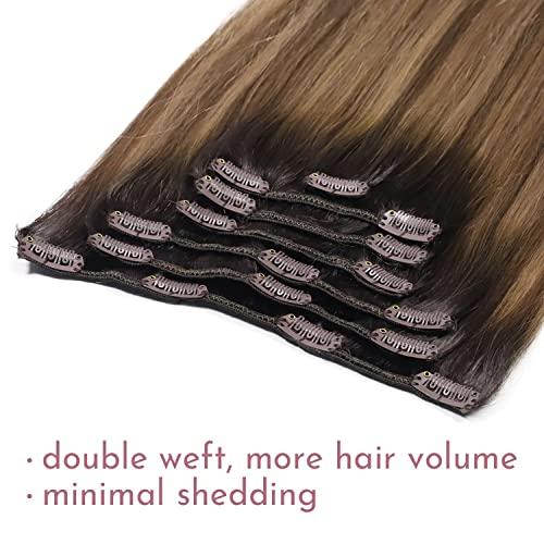 affordhair Affordhair Dark Brown to Chestnut Brown Balayage Hair Extensions Clip in, Remy Clip In Hair Extensions Real Human Hair with Blonde Highlights, 20 Inch, 7pcs, 110g