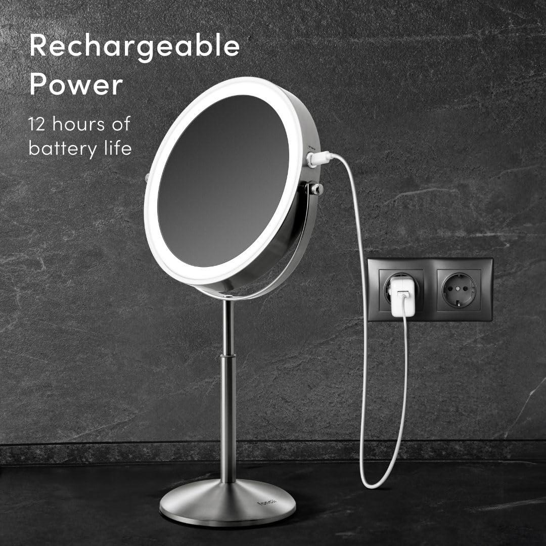Fancii Fancii 8 Inch Lighted Makeup Mirror with Magnification, 10X /1X - Height Adjustable, Rechargeable, Double Sided LED Vanity Mirror with Light and Stand, 360 Swivel (Hailey)