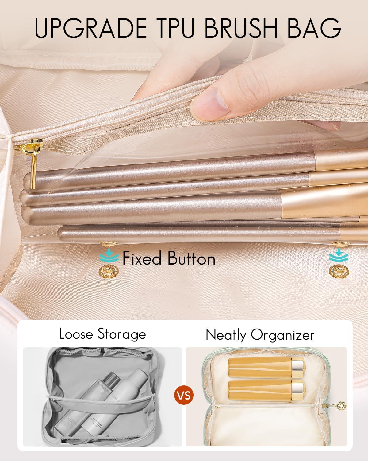 Vlando Vlando Makeup Bag,Travel Makeup Bag Waterproof Portable Cosmetic Bag PU Leather Open Flat Make up Organizer for Toiletries,Makeup Brushes Bag for Teen Girls Women(Mint Green)