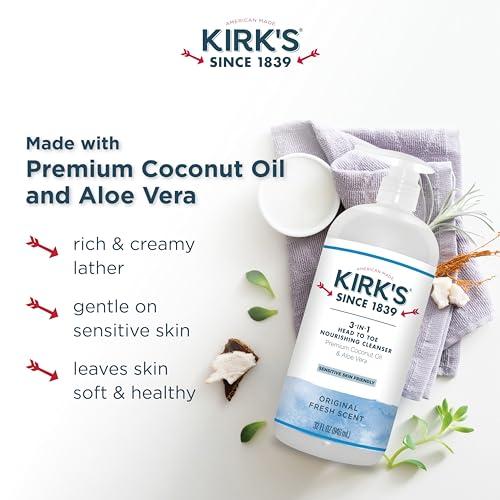 Kirk's Kirk\'s 3-in-1 Head to Toe Nourishing Liquid Cleanser- for Men, Women & Children - Premium Coconut Oil & Aloe Vera- Non GMO & Vegan -Original Fresh Scent - 32 Fl Oz