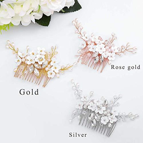 Barode Barode Bridal Wedding Hair Comb Flower Silver Sparkly Rhinestone Side Combs Crystal Bride Leaf Pearl Hair Accessories for Women and Girls (Silver)
