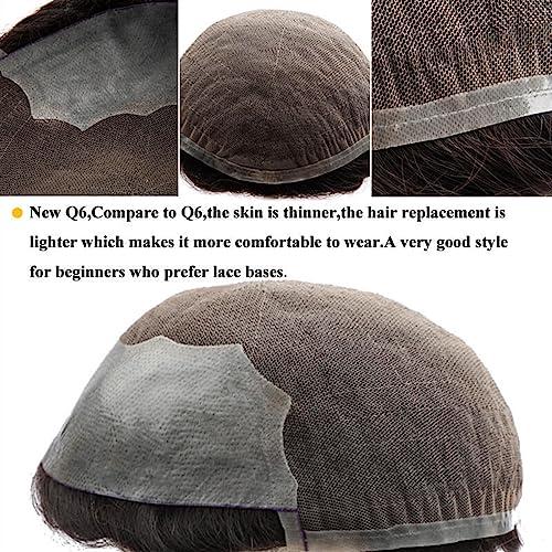 Bustards hair replacement system for men Toupee for Men French Lace & PU Base Men\'s Toupee 6\" Human Hair System Unit Toupee 30 Wave Wig Medium Density Durable Male Hair Prosthesis men\'s toupee(30MM Wave 120%De