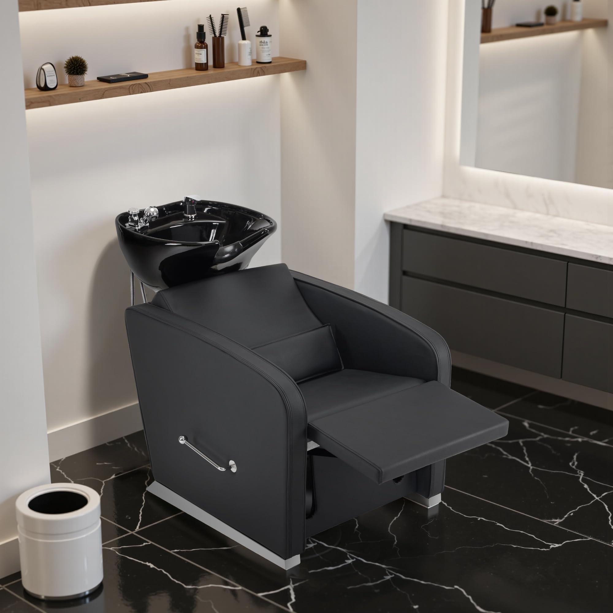 BarberPub BarberPub Backwash Shampoo Station Chair, Adjustable Porcelain Ceramic Hair Wash Bowl Sink Unit Station, Reclining Shampoo Station Chair for Spa Beauty Salon Hair Salon Equipment 9303 (Black)