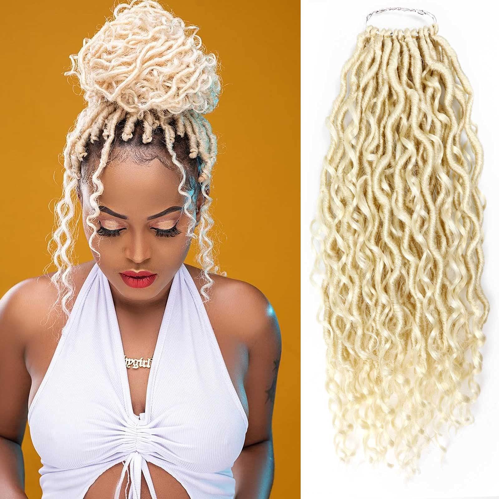 Ahrencan 613 Goddess Locs Crochet Hair,5 Packs 14 Inch Pre Looped Blonde Boho Goddess Faux Locs Crochet Hair With Curly Ends,Soft Hippie Locs Crochet Hair For Women Human Hair (14in,5packs, 613#)