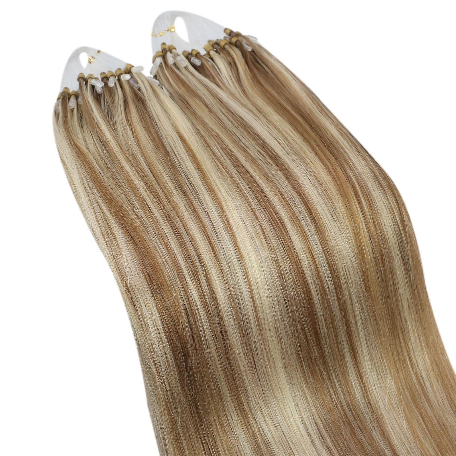Ugeat Ugeat Micro Beads Hair Extensions Golden Brown Highlights Bleach Blonde Micro Loop Hair Extensions Bleach Blonde Micro Rings Hair Extensions Straight Human Cold Fusion Hair Extensions 50s 50g 24 Inch