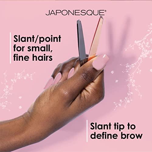 JAPONESQUE JAPONESQUE Pointed-Slant & Slant Tweezers, 2 Pack for Eyebrow Grooming, Facial Hair Removal, Rose Gold and Black, Stainless Steel
