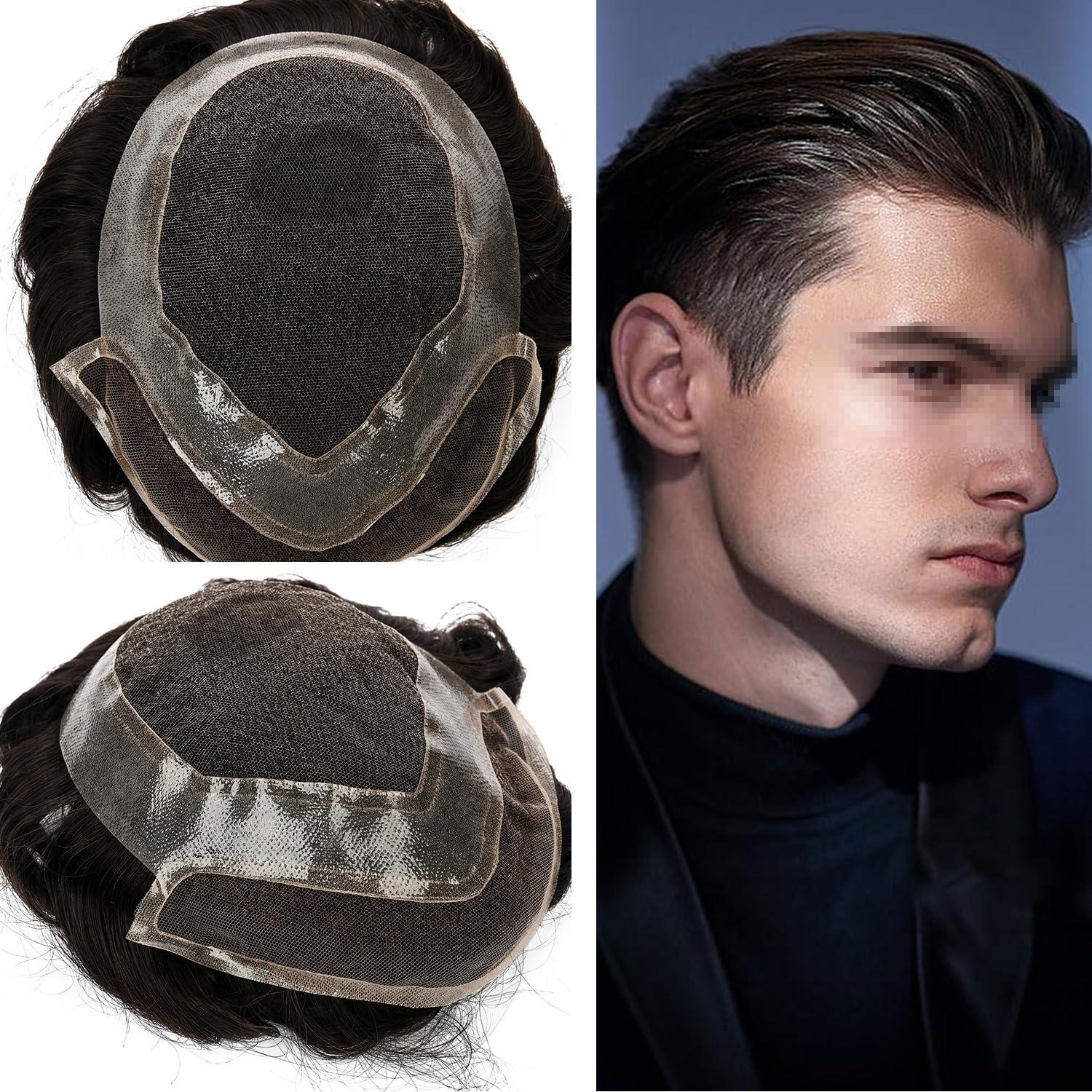 Blayzehair Toupee For Men Hair Replacement System Swiss lace Men Toupee European Human Hair HD Lace Hair System Poly Skin PU Around Men Hair Piece. (2# Darkest Brown, 6x8\"-100% Light Med-Light Density)