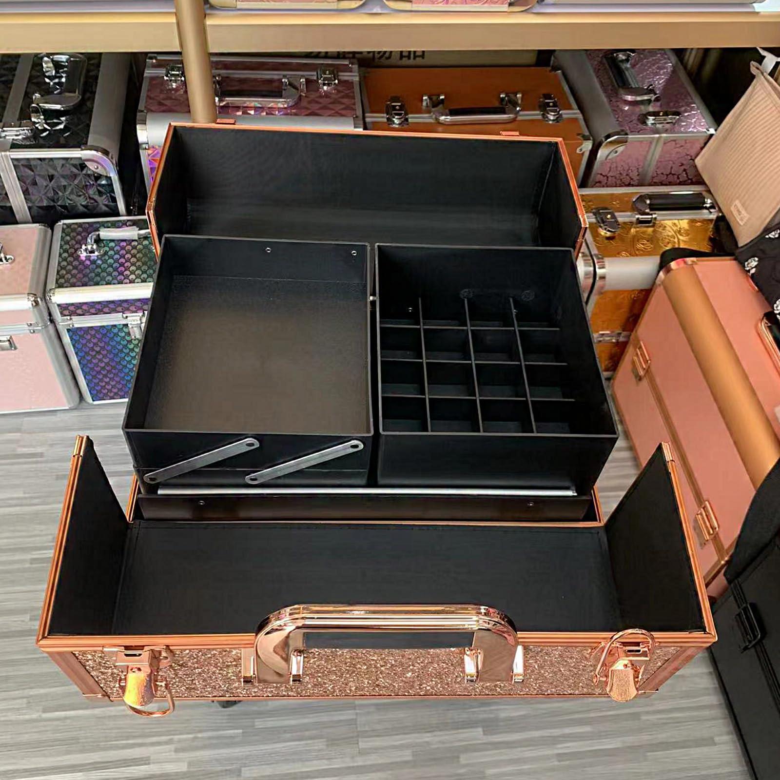 AXHNG Professional Makeup Train Case, Aluminum Cosmetic Case, Rolling Makeup Train Case with Large Drawer with 360 Swivel Wheels and Multi-Layer Storage Provide Life Convenience (H,14.43*8.97*19.11in)