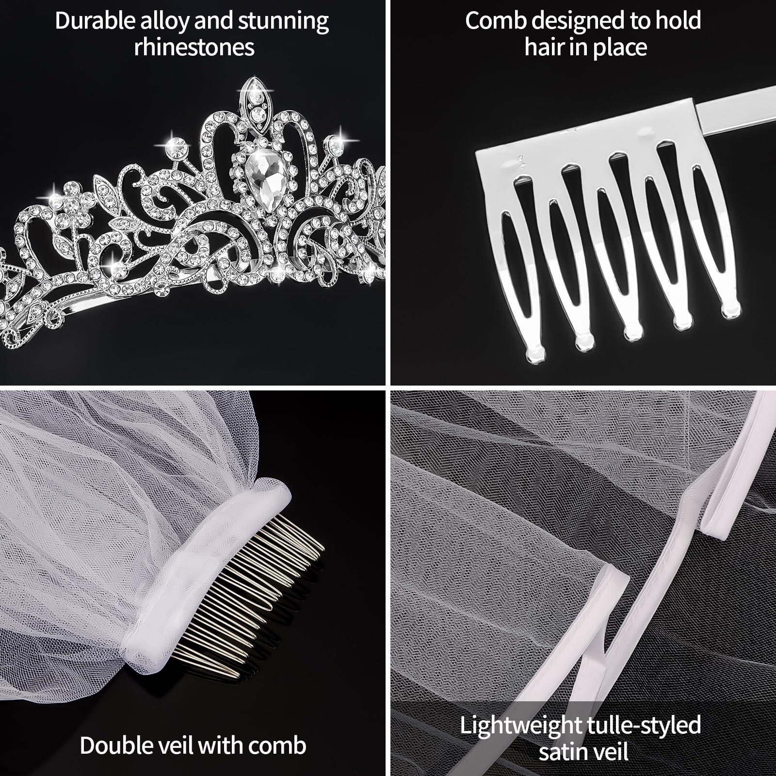 YARIEW YARIEW Silver Crown + Bride Veil Set, Rhinestone Wedding Bridal Tiara, Bridal Shower Decorations, Bachelorette Party Decorations Prom Bridal Shower Birhday Gift for Women and Girls