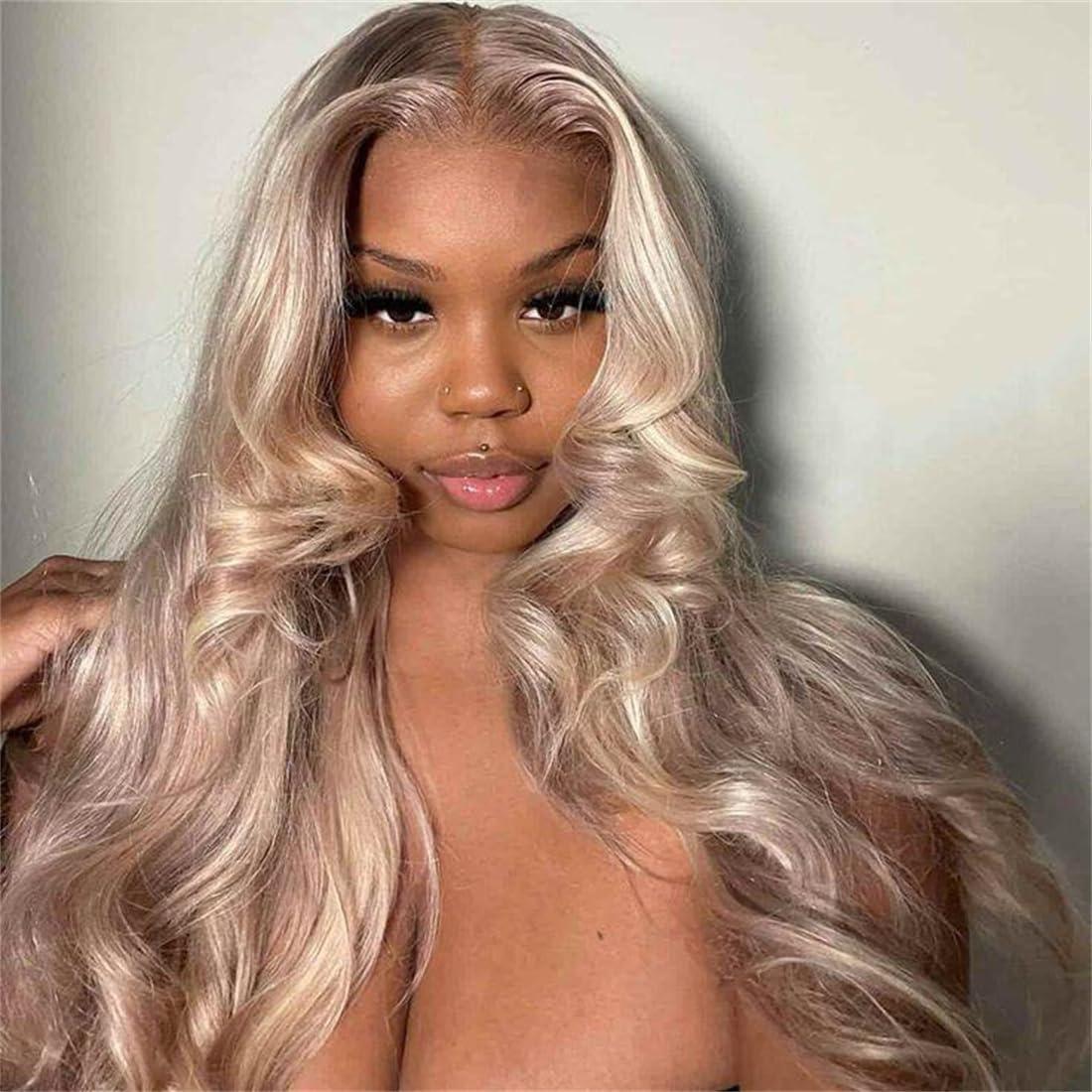 Rina Rina 200% Density Milk Tea Ash Blonde Lace Front Wig Human Hair Upgrades Body Wave Platinum Grey Balayage Lace Front Wig More Full and Thicker 13x4 HD Invisible Frontal Wig for Women 18 Inch