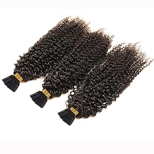 RJ HAIR Pre Bonded I Tip Hair Extensions Malaysian Kinky Curly Human Hair Extension Micro-link I Tip Curly Hair For Salon (16inch 100strand, 1 Jet black)