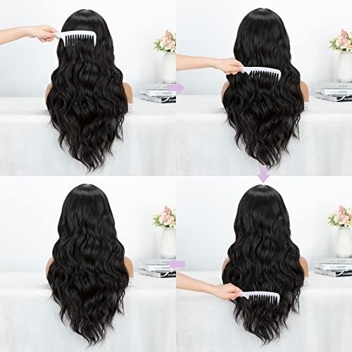 K'ryssma K'ryssma Black Synthetic Lace Front Wig Body Wave 180% Density Glueless Long Black Wig for Black Women T Part Black Wavy Synthetic Wig with Natural Hairline