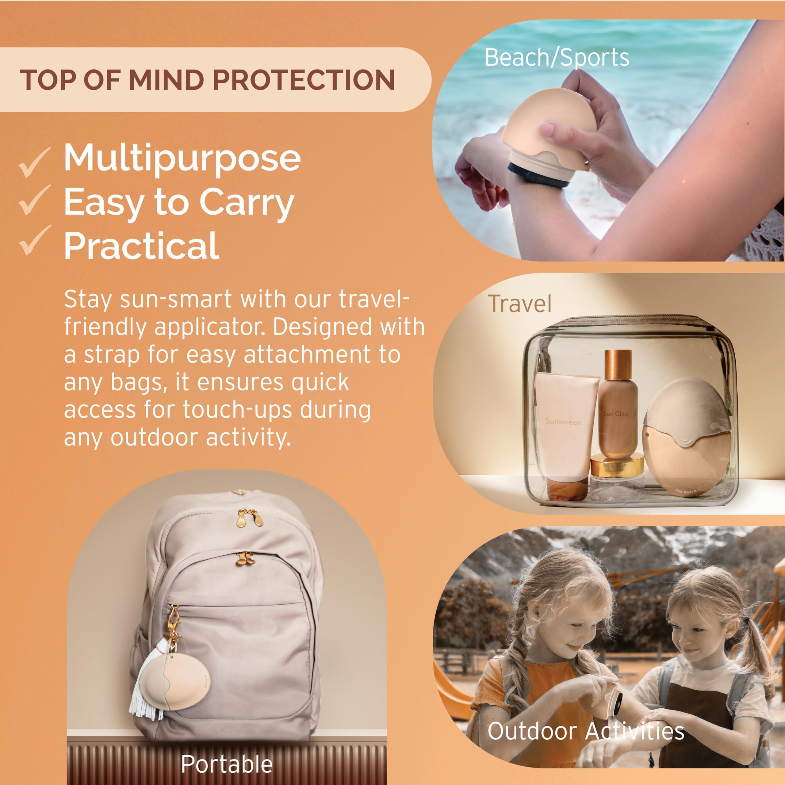 SUN SWIFT SUN SWIFT Silicone Sunscreen Applicator with Strap for Kids & Adults | Refillable Roll-On Face & Body Sunblock Lotion Sponge | Mess-Free, Hygienic, BPA-Free, w/Replacement Sponge, Travel Size, Beige