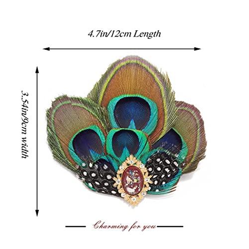 Asooll Asooll Peacock Feather Hair Clip 1920s Flapper Headpiece Great Gatsby Red Crystal Hair Jewelry Festival Costume Hair Accessories for Women and Girls
