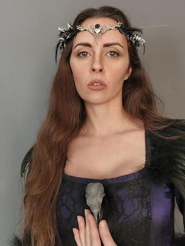 MOSTORY MOSTORY Handmade Black Raven Feather Crown - Gothic Elf Circlet with Raven Skull Dark Moon Tiara for Women Girls Halloween Cosplay Renaissance Wedding Witch Sorcerer Photo Shoot