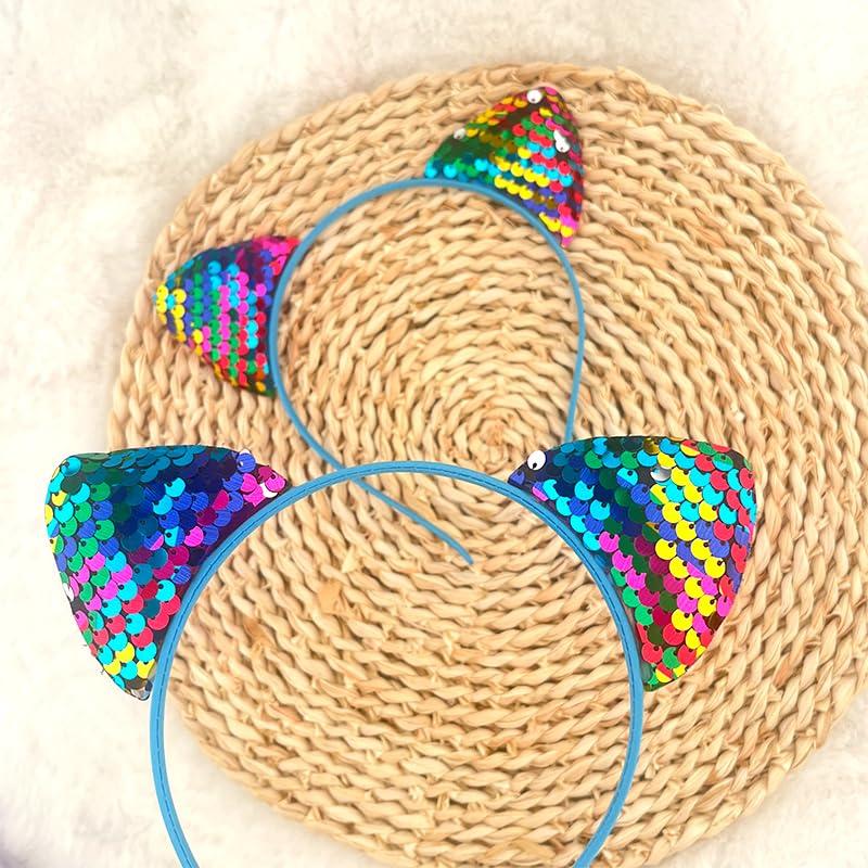 yaozeio yaozeio Halloween Bling Rainbow Hair Band Glitter Sequin Cat Ears Headbands Reversible Sequin Fabric Hair Band No Slip Elastic Head Bands Halloween Hair Accessries for Girls Women 2pcs