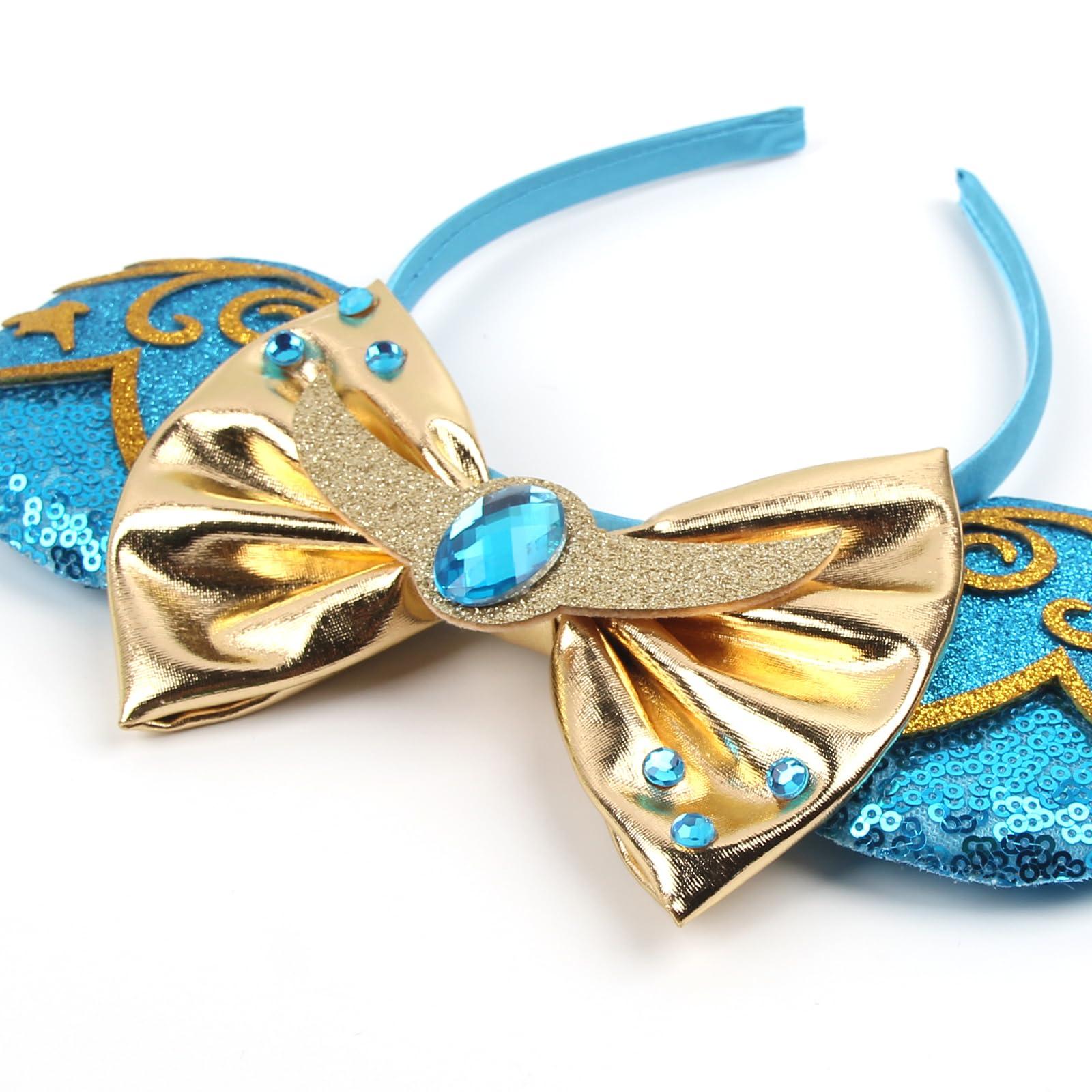 Huavista Huavista Mouse Ears for Women, Sequin Headband with Shiny Bow, Hair Accessories for Women Adult Princess Birthday Party (Gold/Blue)