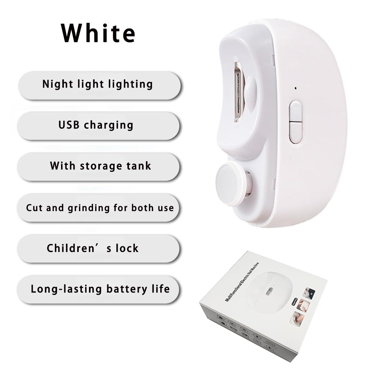 LISSAHNE Electric Automatic Nail Clipper with Light, LISSAHNE 2 in 1 Fingernail Cutter and Polisher USB Rechargeable, Safety Fingernail Trimmer for Baby Seniors and Adult Gift Choice White