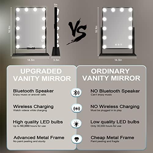 Hansong Hansong Vanity Mirror with Lights and Wireless Charging Hollywood Mirror with Lights and Phone Holder 12 LED Bulb Music Speaker Makeup Mirror with Lights 3 Color Lighting Modes Black
