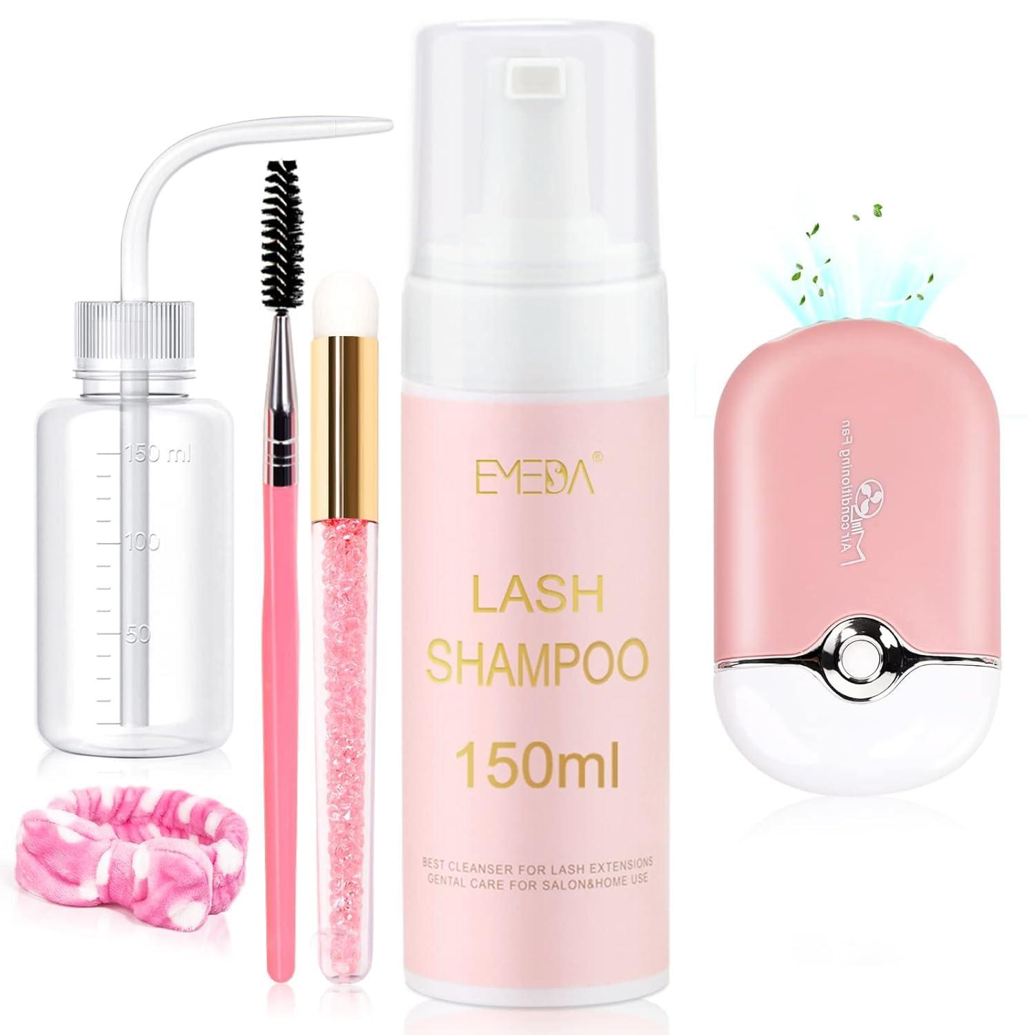 EMEDA EMEDA Lash Shampoo for Lash Extensions Lash Cleaning Kit 150ml with Lash Fan Dryer Lash Extension Cleanser Oil Free Foam Soap Lash Bath with Rinse Bottle, Brush, Hair Band
