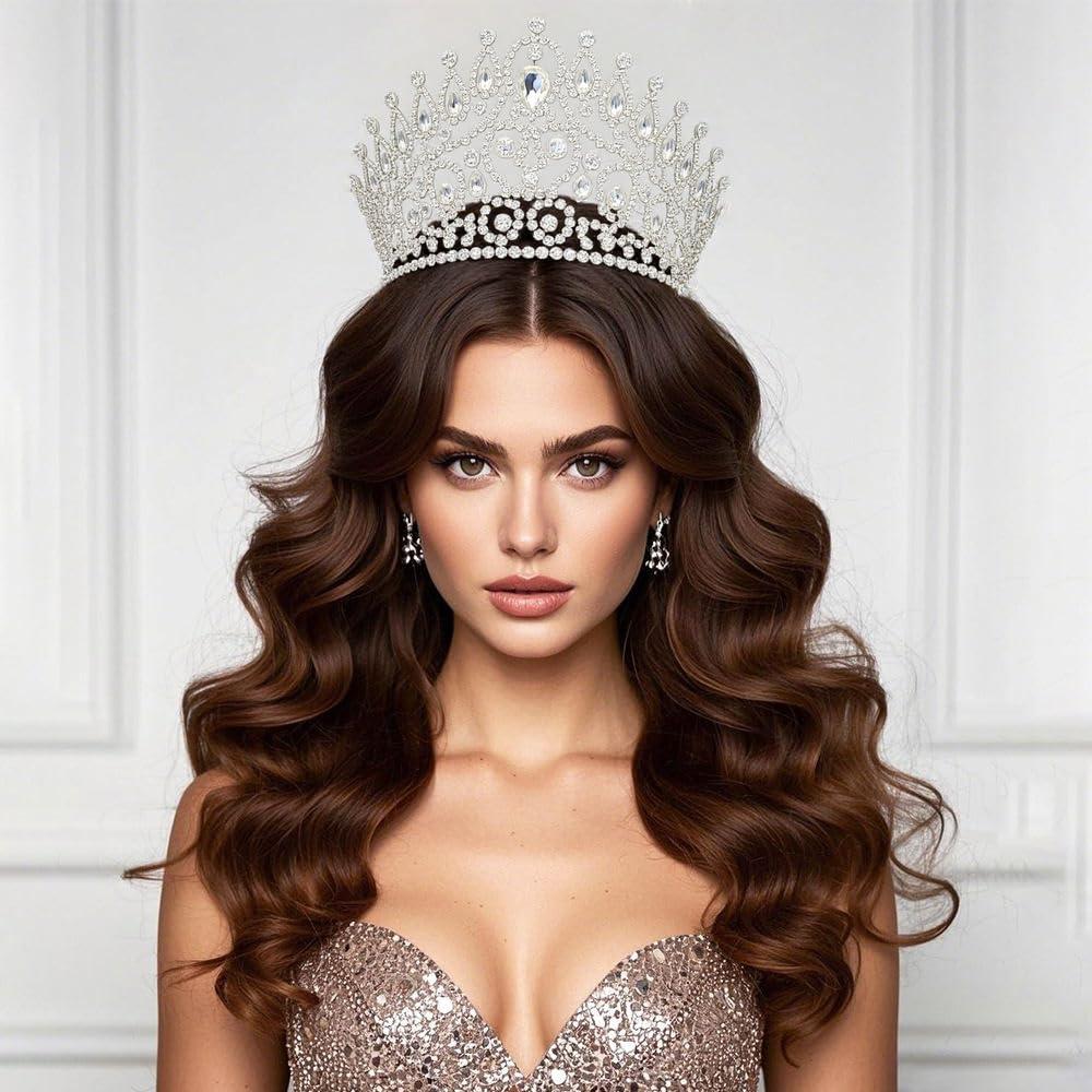 QXMYOO Extra Large Tiaras 5\" Tall Pageant Crowns Oversized for Women Clear Austrian Crystal Tiara Silver Homecoming Queen Crown Big Rhinestone Headpiece for Birthday Prom Quinceanera Wedding (B-Silver)