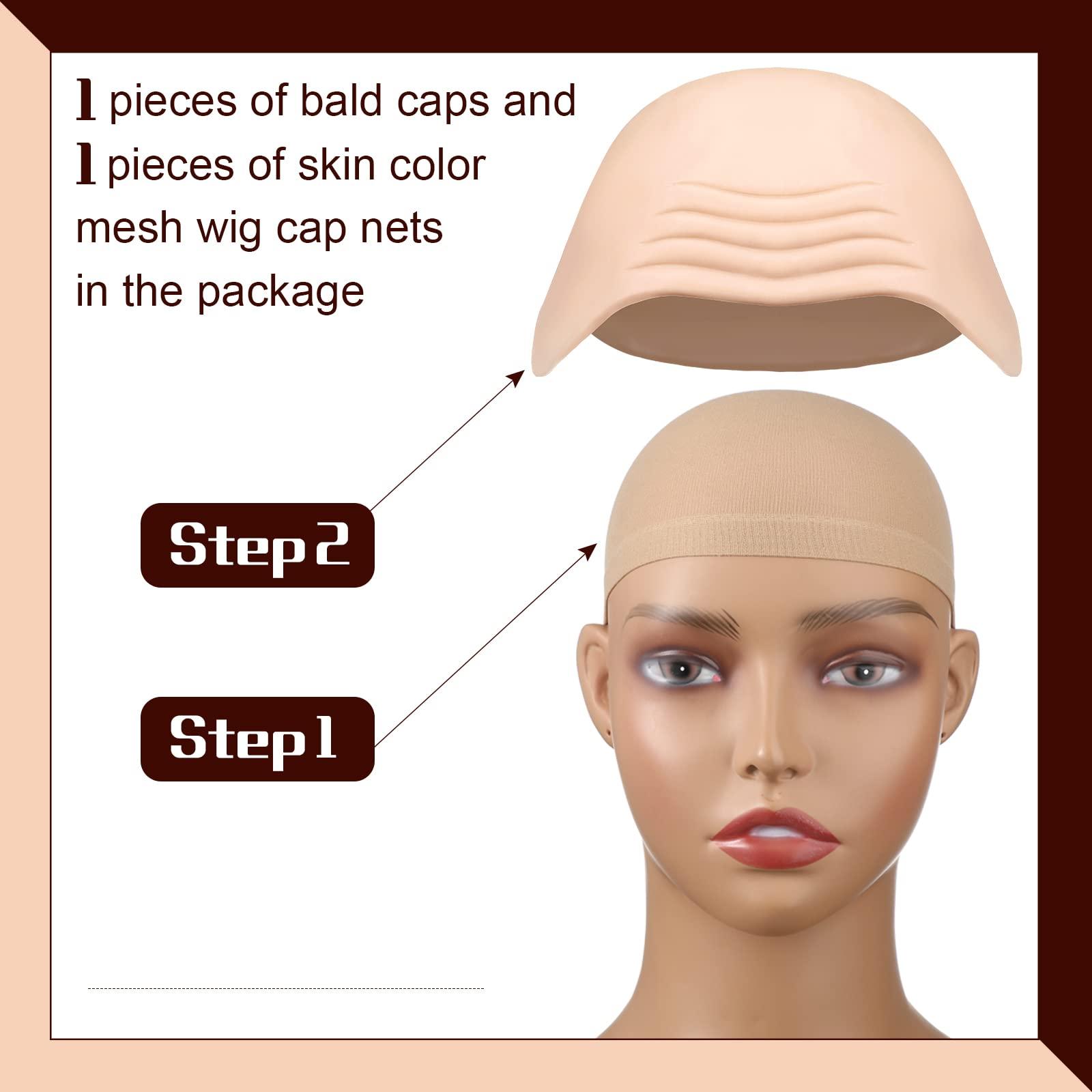 Syhood Syhood 2 Pieces Halloween Bald Cap Makeup Latex Bald Head Wig Caps Cosplay Costume for Adults(Beige,Medium)