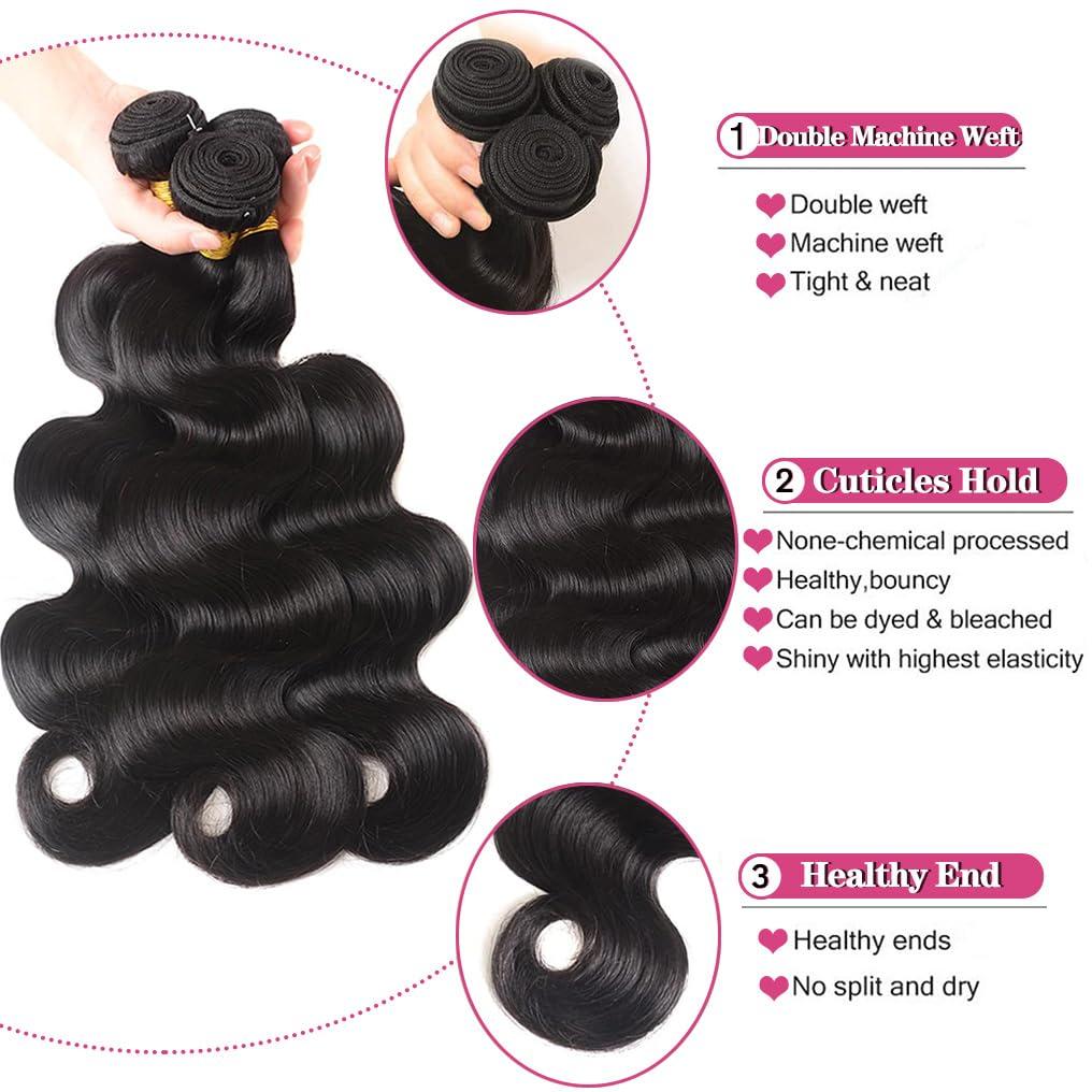 menalue Menalue Closure with 3 Bundles Body Wave Human Hair Bundles with Closure 10A Brazilian Virgin Human Hair Weave Bundles with 4x4 Lace Closure Double Weft Free Part Natural Color (14 16 18+12 Inch)