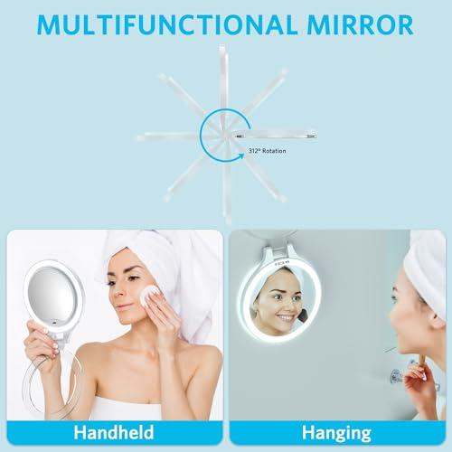 WEILY WEILY Magnifying Mirror with Light, 10X/1X Magnification Double-Sided Travel Makeup Mirror, with 3 Color Lights, Touch Control, Rechargeable Portable Mirror for Bedroom, Bathroom (White)