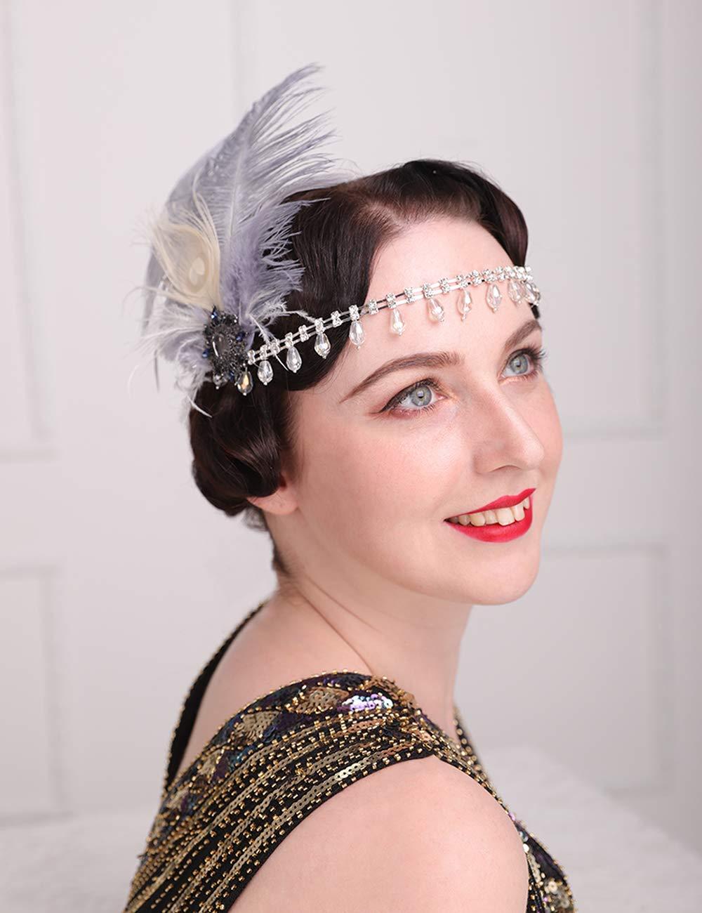Aimimier Aimimier 1920s Flapper Feather Headband Gray Crystal Tassel Head Chain Headpiece Prom Party Roaring 20s Hair Accessory for Women (Style 1)