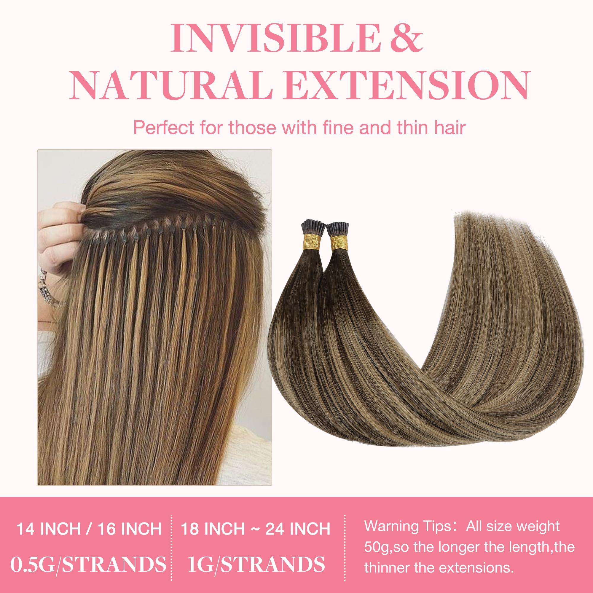 GOO GOO GOO GOO I Tip Hair Extensions Real Human Hair, 14inch 50g 100S, Cold Fusion I Tip Hair Extensions, Invisible Remy Hair Extensions, 4/26/4 Balayage Chocolate Brown to Honey Blonde