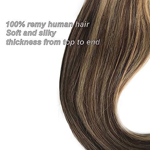 Munx Clip in Hair Extensions Brown and Blonde Highlights Real Human Hair Extensions 18 inches 70g Silky Straight Clip on Remy Balayage Hair Extension Full Head 7 Pcs