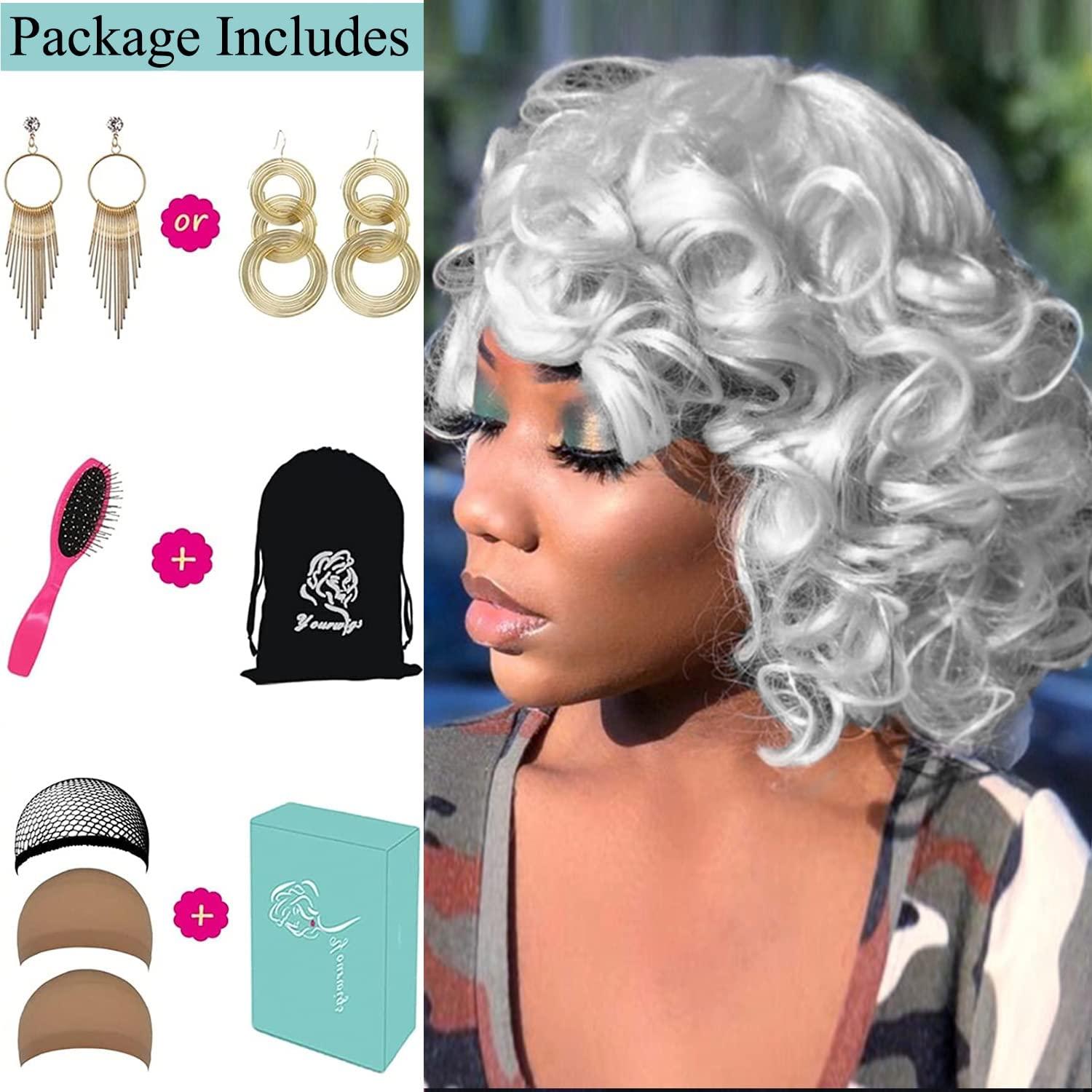 ELIM ELIM Curly Wigs for Black Women Short Kinky Curly Grey Wigs for Women Big Curly Afro Soft Wig with Bangs Heat Resistant Natural Cute Synthetic Wig for Daily Z306GY