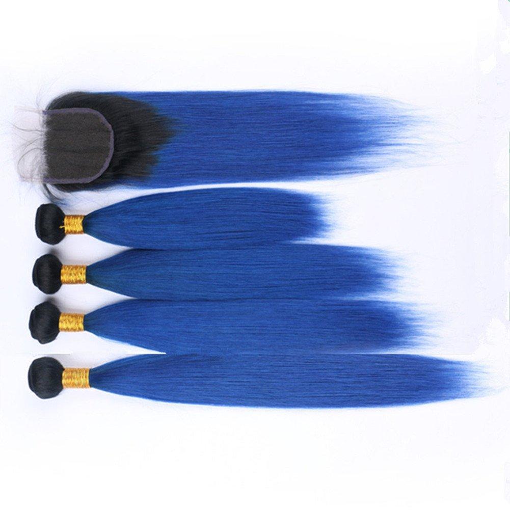 Tony beauty hair Tony Beauty Hair Dark Blue Ombre Virgin Indian Human Hair Bundles Deals 4Pcs with Lace Closure Piece 4x4 Silky Straight #1B/Blue Ombre Virgin Hair Weft Extensions 5Pcs Lot (24 26 28 30+22)