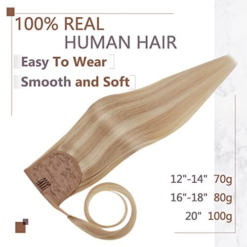 RUNATURE Buy Together Save More: #16p24 Light Blonde Mix Dark Blonde Ponytail Extension Human Hair 14Inch 70g and Clip in Hair Extensions 14Inch 80g (Total 2 Packs)