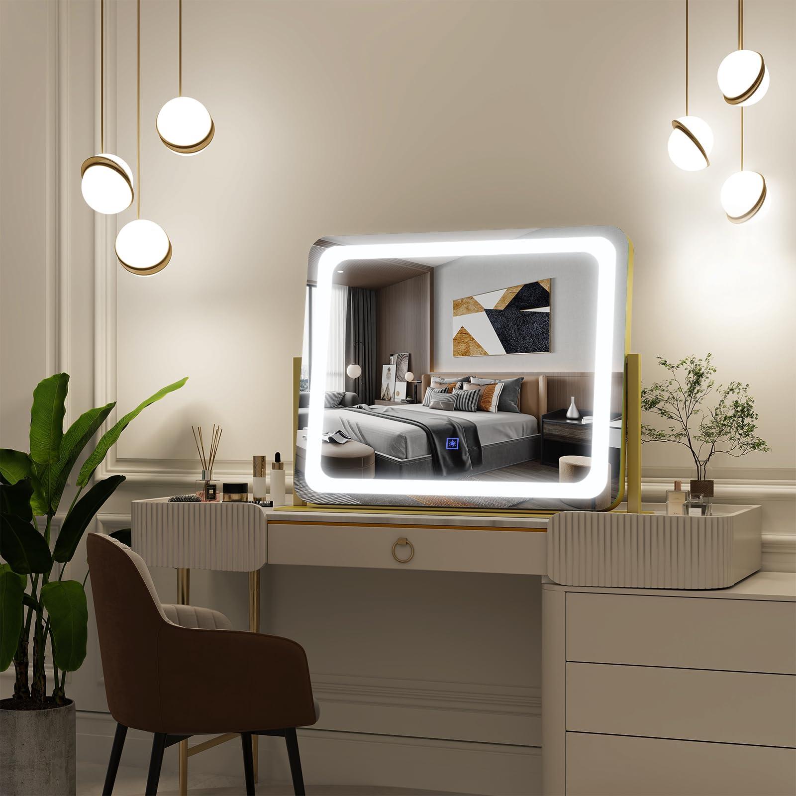 FENNIO FENNIO Gold Vanity Mirror with Lights 22\"x19\", LED Lighted Makeup Mirror, Large Makeup Mirror, Make up Mirror with Lighting,Touch Screen with 3-Color Lighting,Dimmable,for Vanity Desk Tabletop