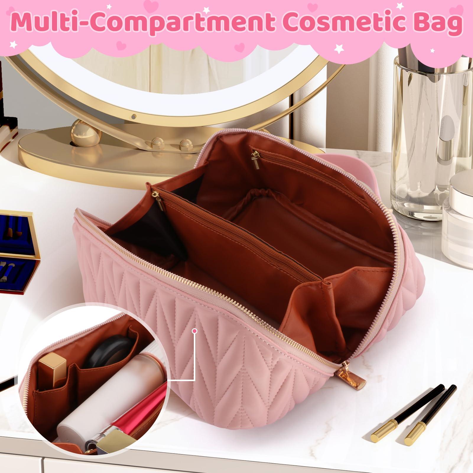 QLoztyse QLoztyse Lay Flat Makeup Bag - Portable Large Capacity Travel Cosmetic Bags Waterproof PU Leather Toiletry Organizer with Handle and Divider for Women, Pink