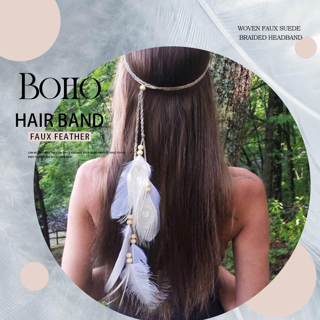 Uranian Uranian Boho Feather Headband Indian Gypsy Hippie Hairband Braided Rope Headdress Adjustable Headpieces for Festival Costume Hair Accessories for Women and Girls (3*White)