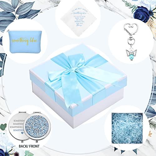 Fumete Set of 5 Something Blue Wedding Gift for Bride to My Best Friend Wedding Embroidered Handkerchief Angel Bouquet Charm Something Blue Bridal Cosmetic Bag Diamond Compact Mirror Blue Raffia Gift Box