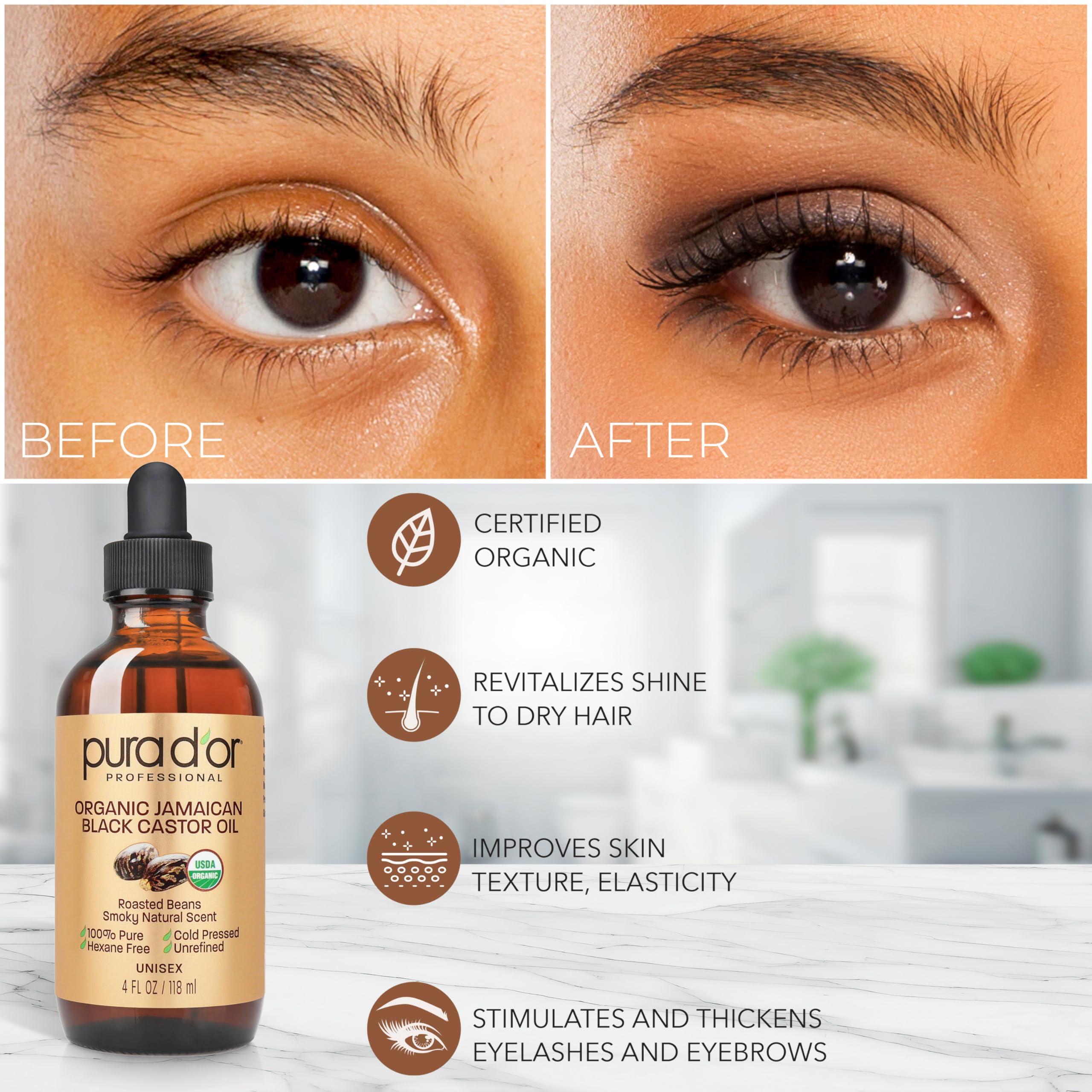 PURA D\'OR PURA D\'OR 4 Oz ORGANIC Jamaican Black Castor Oil - Natural Smoky Scent - w/ 2 BONUS Empty Brushes - 100% Pure USDA Certified Cold Pressed & Roasted, Hexane Free Eyelash & Eyebrow Serum