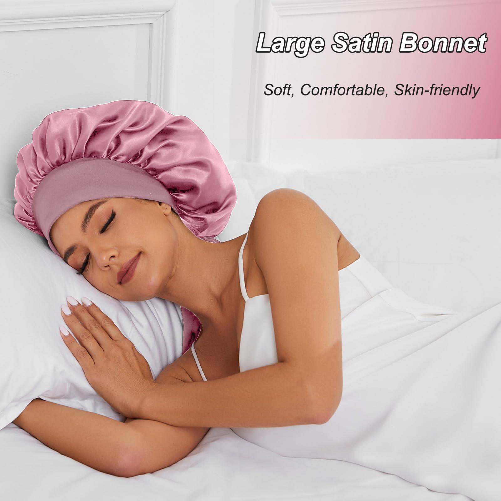 Srevela Satin Silk Bonnet Hair Bonnet for Sleeping Jumbo Sleep Cap, Bonnet for Women Curly Hair, Double Layer Bonnet with Tie Band, Shower Cap