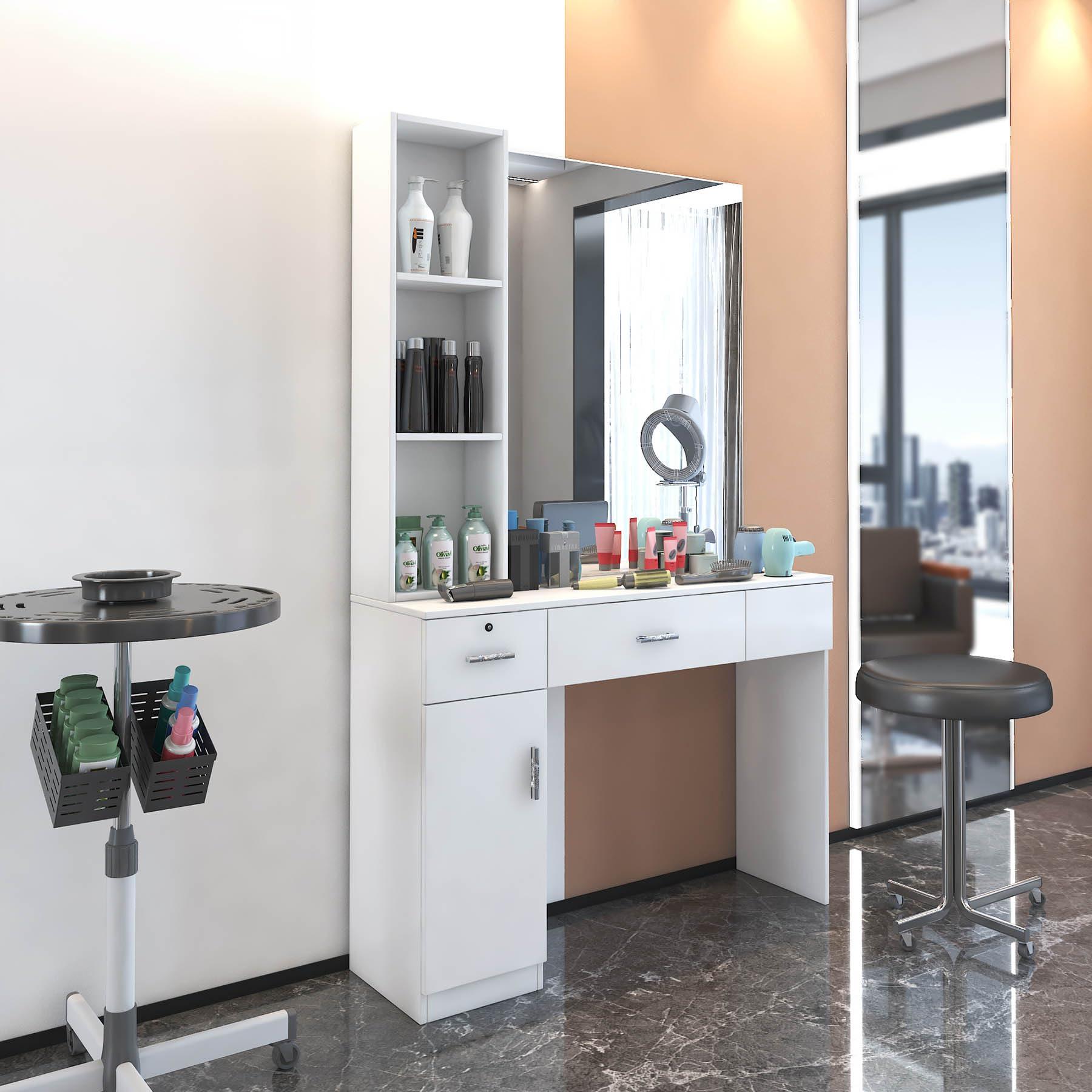 RIDFY Barber Station with Mirror, Hair Salon Stations for Hair Stylist with 3 Hair Dryer Rack, Beauty Spa Furniture Equipped with 3-Storage Shelf, Cabinet, 2 Lockable Drawers, (White)