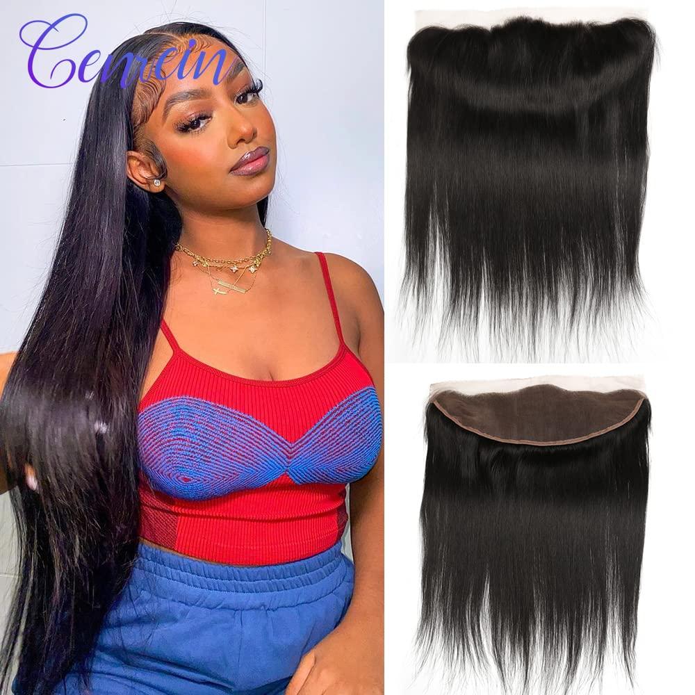 Genrein Genrein Brazilian Bone Straight Hair 13x4\" Lace Frontal closure Ear to Ear Free Part Unprocessed Natural black Straight Human Hair Extensions 9A [14 Inch]