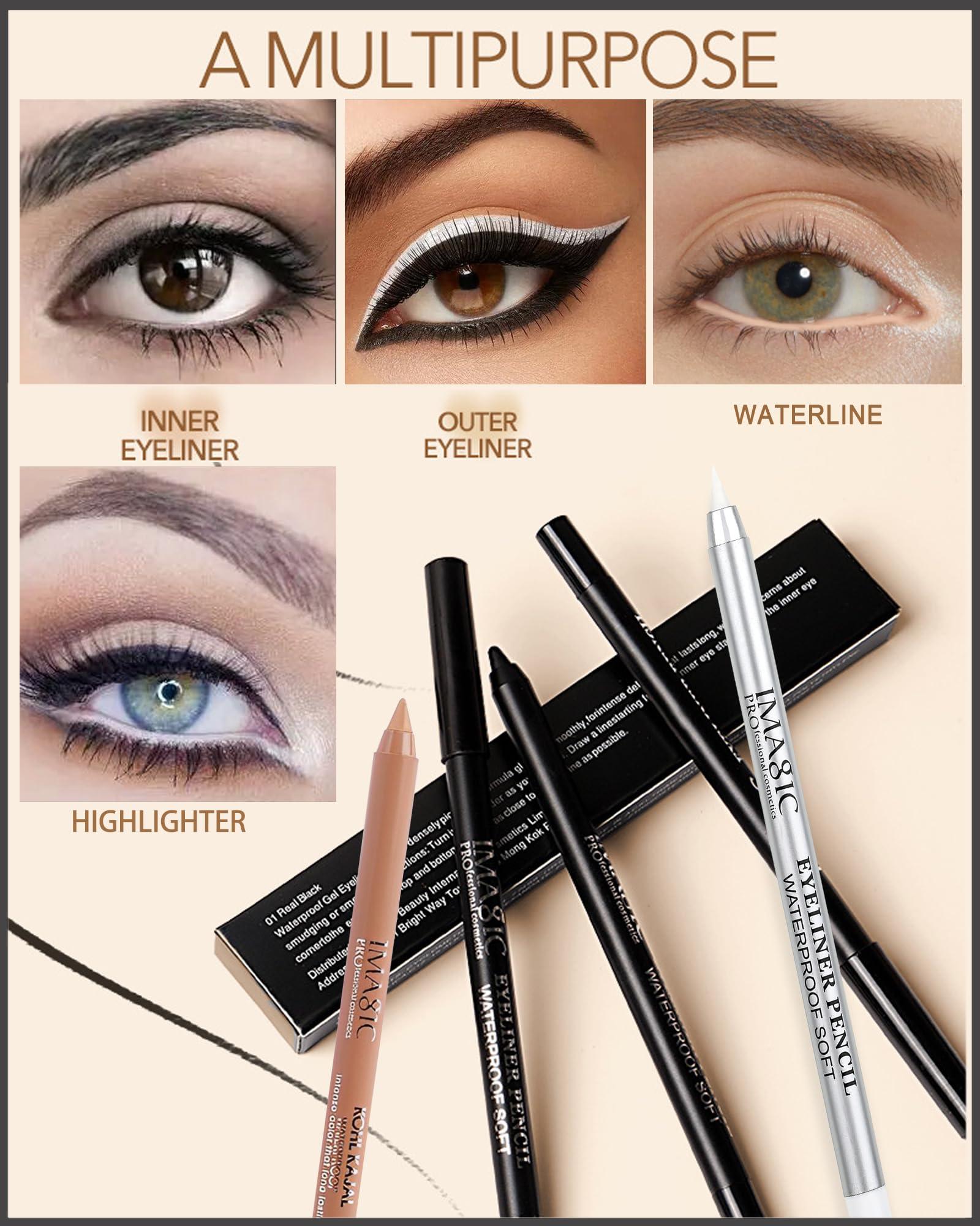 LYSdefeu Nude Beige & Black Water Line Gel Eyeliner Pencil-2Pcs Waterproof Smudge-Proof Cream Eye Liner Waterline Pen, Smooth Easy-to-Sharpen Pencil with Sharpener, Longlasting Eye Makeup Gift for Older Women