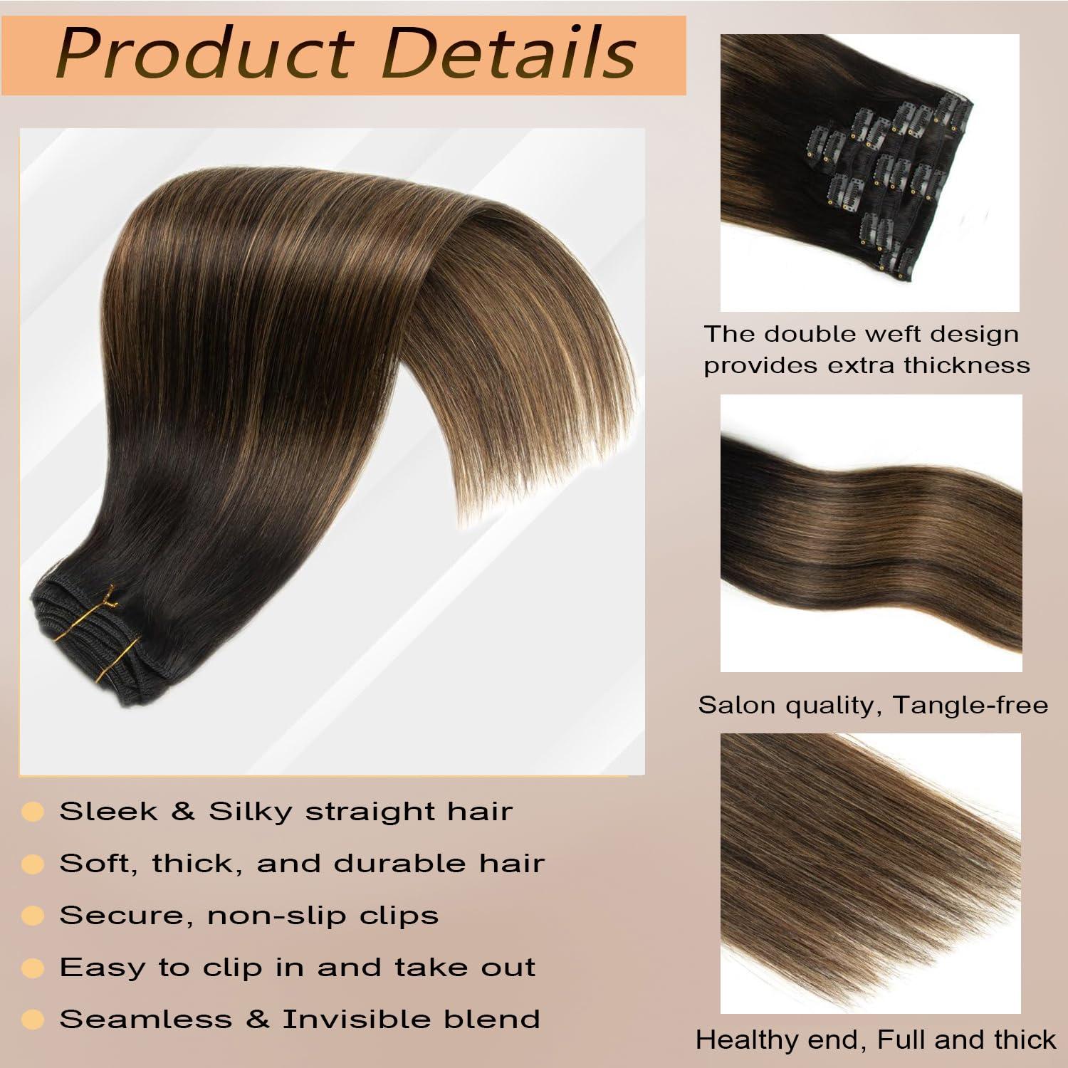 Houlud Highlight Clip in Hair Extensions Real Human Hair 14 Inch 7pcs 120g Brown Black Remy Human Hair Extensions 16 Clips Ins Seamless Double Weft Straight Human Hair Clip In Hair Extensions for Woman