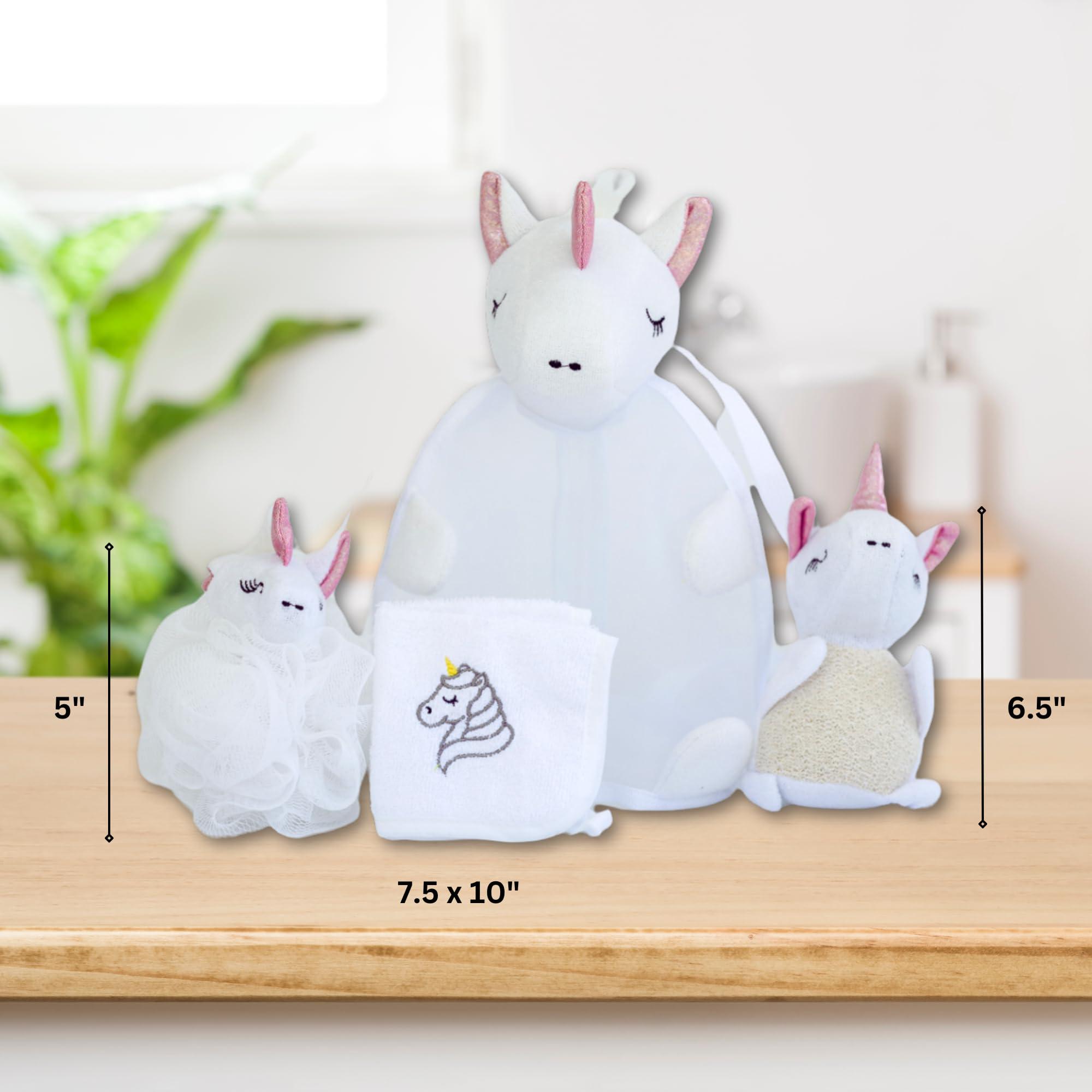 Pure Body Kids Bath Sponge Kit, White Unicorn Shaped Mesh Sponge, Facial Towel and Double Strap Bag