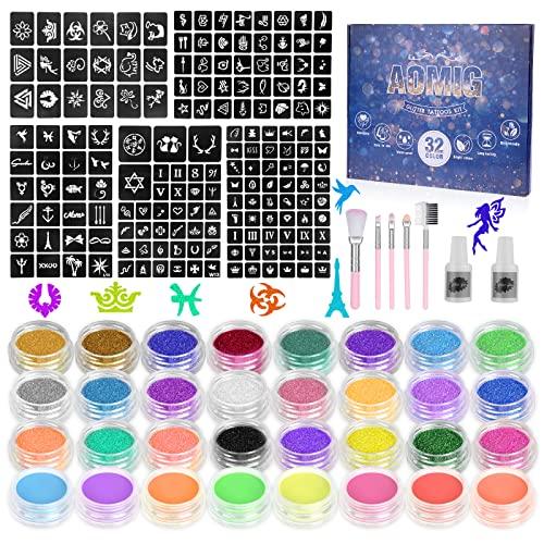 AOMIG AOMIG Glitter Tattoo Kit, Kids Temporary Tattoo Set - 24 Colours Glitter, 8 Fluorescent Powder, 172 Stencils, Unique Body Nail Glitter Safe Body Make-up for Kids and Adults Birthday Party